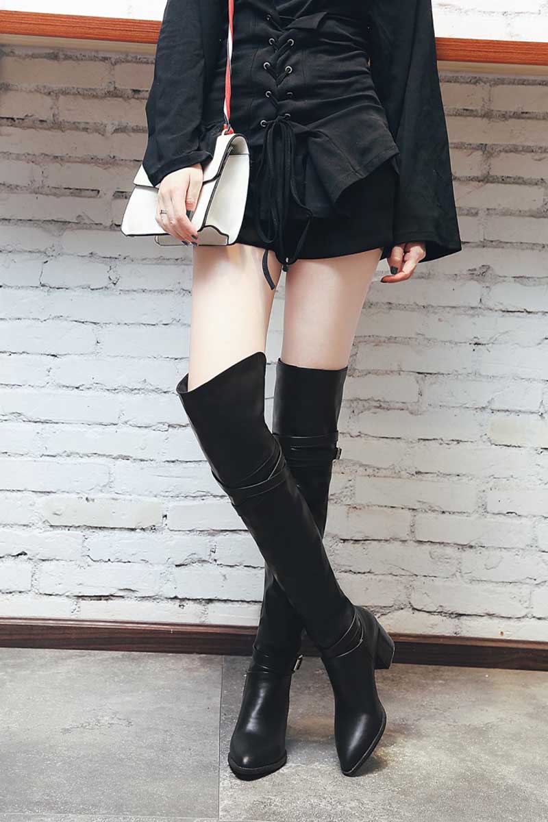 Womens Over Knee Thigh High Boots Stretch Block Heel Comfort Winter Lace-Up Boots