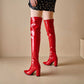 Women's Over Knee Chunky Heeled Patent Leather Boots