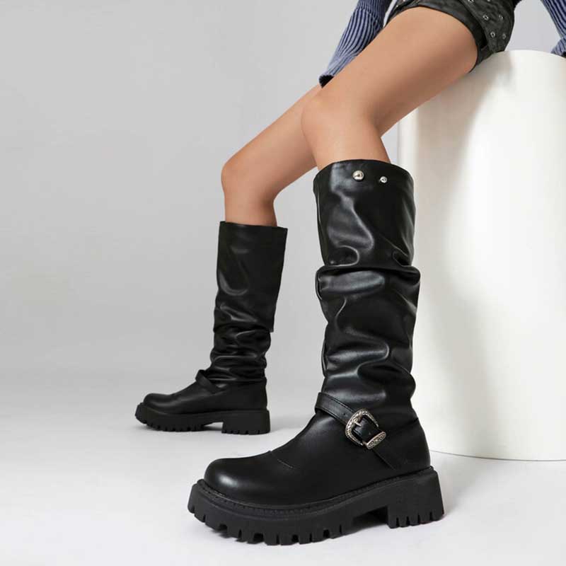 Women’s Knee High Low Heels Boots Pull-On Riding Boots