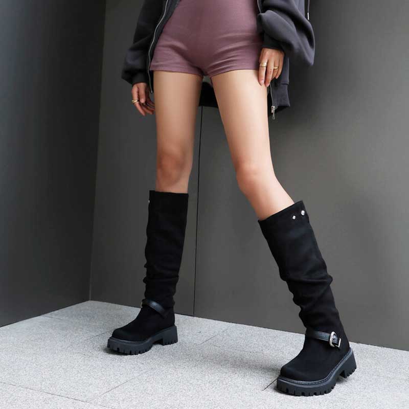 Women’s Knee High Low Heels Boots Pull-On Riding Boots