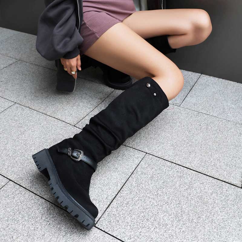 Women’s Knee High Low Heels Boots Pull-On Riding Boots