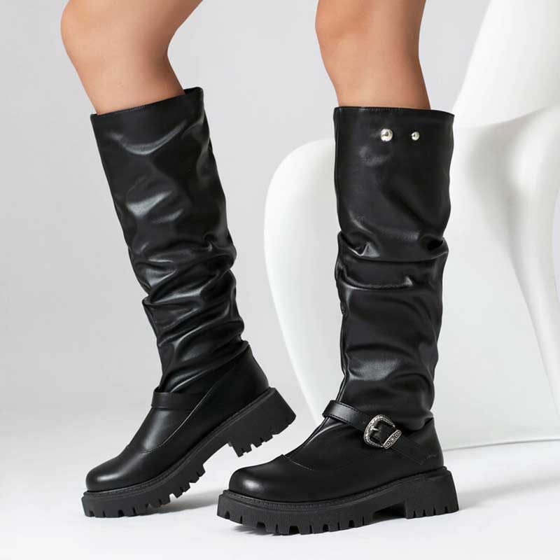 Women’s Knee High Low Heels Boots Pull-On Riding Boots