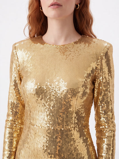 Gold Sequin Maxi Dress – Long Sleeve Elegant Evening Gown for Parties & Formal Events
