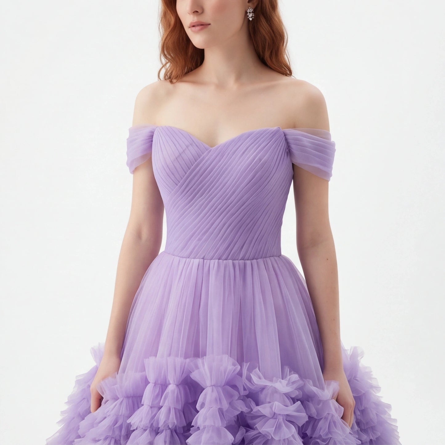 Off Shoulder Tulle Ruffle Prom Dress with Sweetheart Neckline