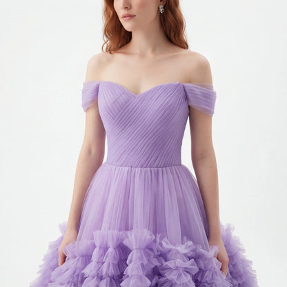 Off Shoulder Tulle Ruffle Prom Dress with Sweetheart Neckline