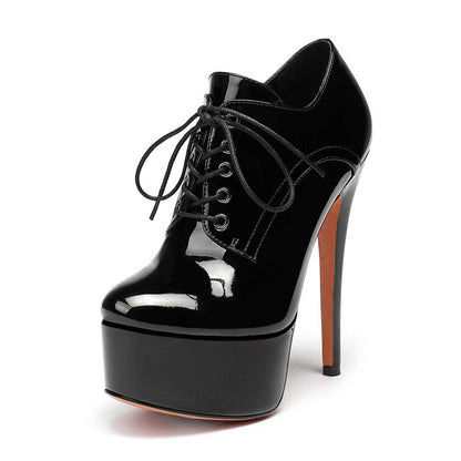 Patent Leather Lace-Up Boots Platform Short Boots Round Toe Ankle High Stiletto