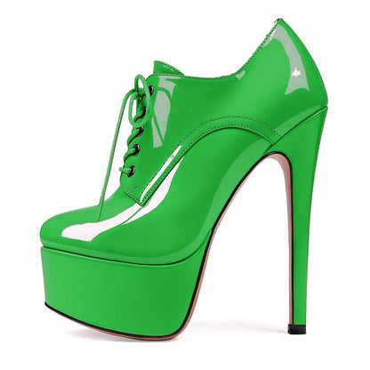 Patent Leather Lace-Up Boots Platform Short Boots Round Toe Ankle High Stiletto