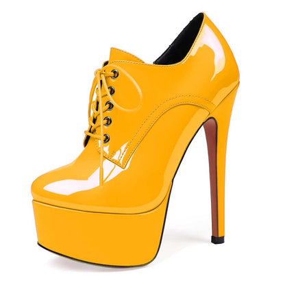 Patent Leather Lace-Up Boots Platform Short Boots Round Toe Ankle High Stiletto