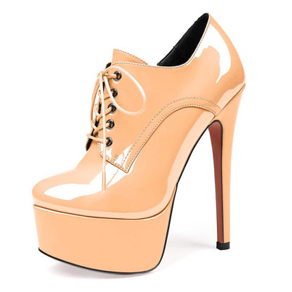 Patent Leather Lace-Up Boots Platform Short Boots Round Toe Ankle High Stiletto