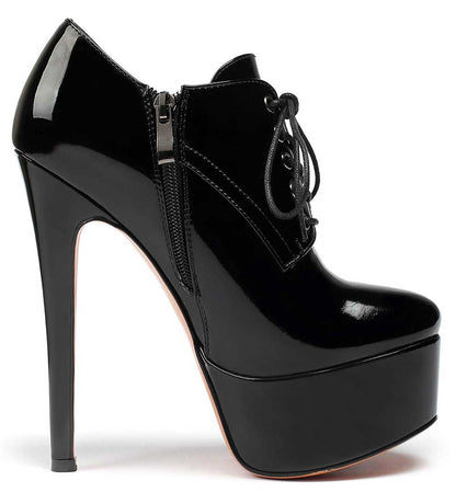 Patent Leather Lace-Up Boots Platform Short Boots Round Toe Ankle High Stiletto