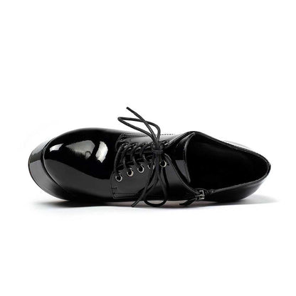 Patent Leather Lace-Up Boots Platform Short Boots Round Toe Ankle High Stiletto