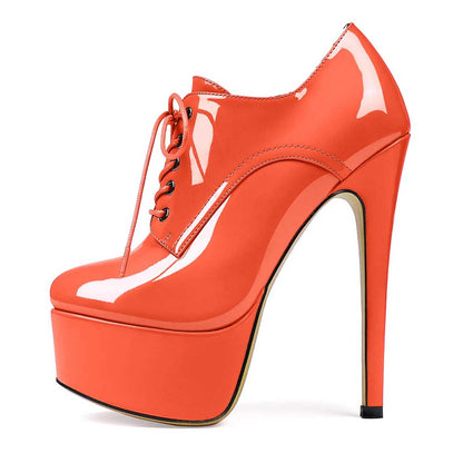 Patent Leather Lace-Up Boots Platform Short Boots Round Toe Ankle High Stiletto