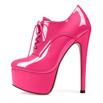 Patent Leather Lace-Up Boots Platform Short Boots Round Toe Ankle High Stiletto