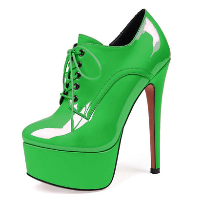 Patent Leather Lace-Up Boots Platform Short Boots Round Toe Ankle High Stiletto