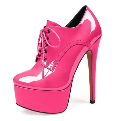 Patent Leather Lace-Up Boots Platform Short Boots Round Toe Ankle High Stiletto