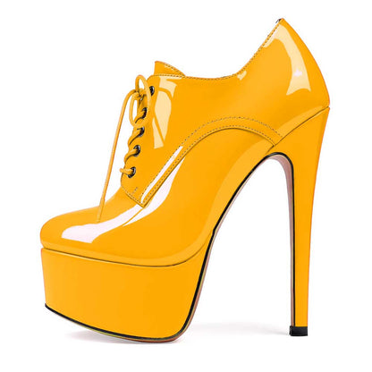 Patent Leather Lace-Up Boots Platform Short Boots Round Toe Ankle High Stiletto