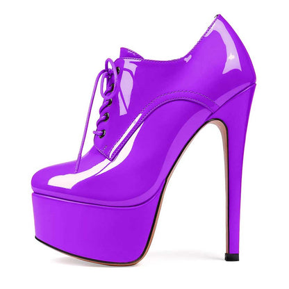 Patent Leather Lace-Up Boots Platform Short Boots Round Toe Ankle High Stiletto