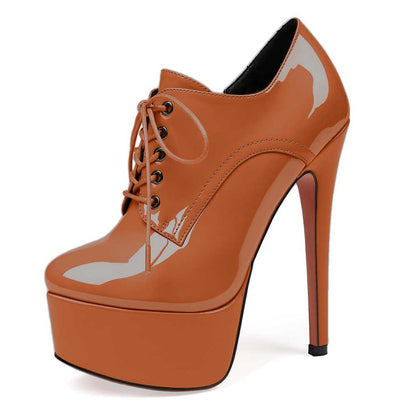 Patent Leather Lace-Up Boots Platform Short Boots Round Toe Ankle High Stiletto