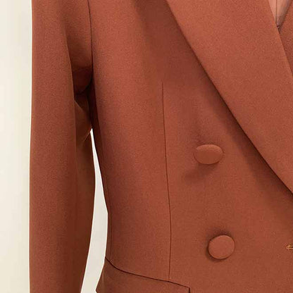 Women Brown Beige Pantsuit Double Breasts Fitted Blazer + Mid-High Rise Flare Trousers Pants Suit
