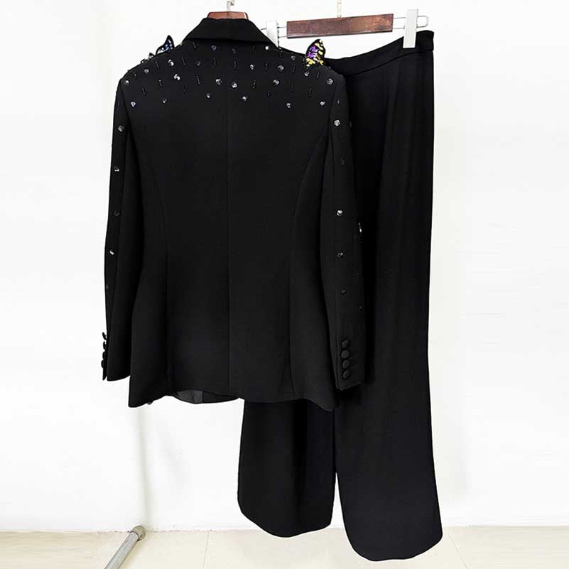 Women's Bow Sequin-Embellished Flared Pantsuit Black 2ps One Button Suit