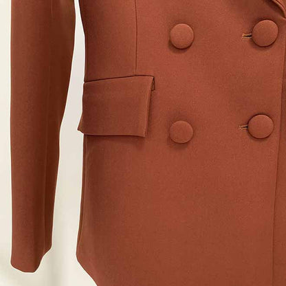 Women Brown Beige Pantsuit Double Breasts Fitted Blazer + Mid-High Rise Flare Trousers Pants Suit