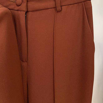 Women Brown Beige Pantsuit Double Breasts Fitted Blazer + Mid-High Rise Flare Trousers Pants Suit