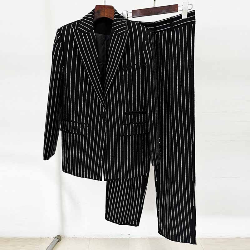 Women's Striped Blazer Set Single Button Diamond Suit Pants Set