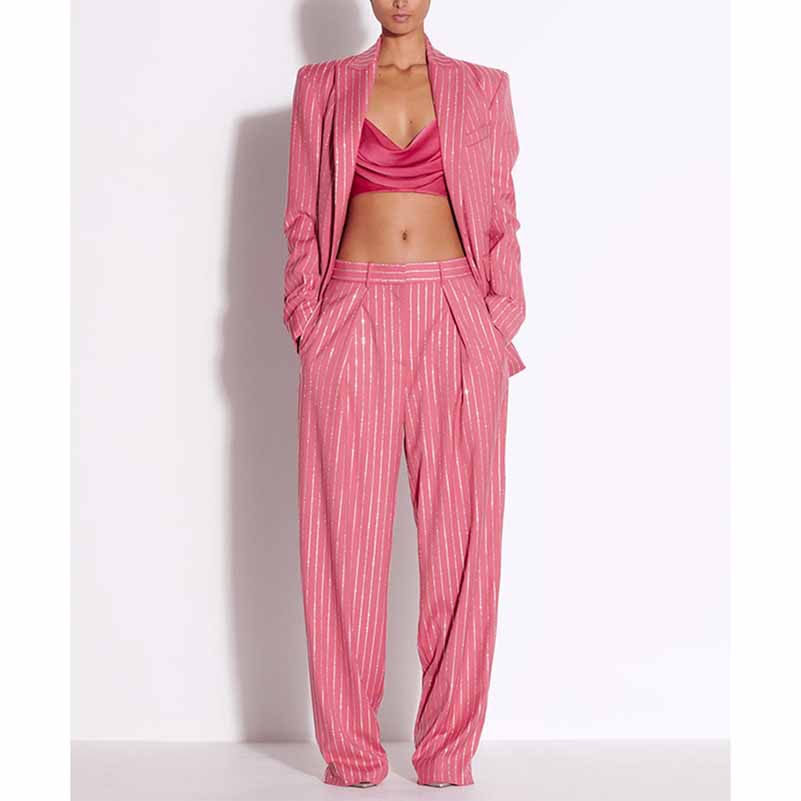 Women's Striped Blazer Set Single Button Diamond Suit Pants Set