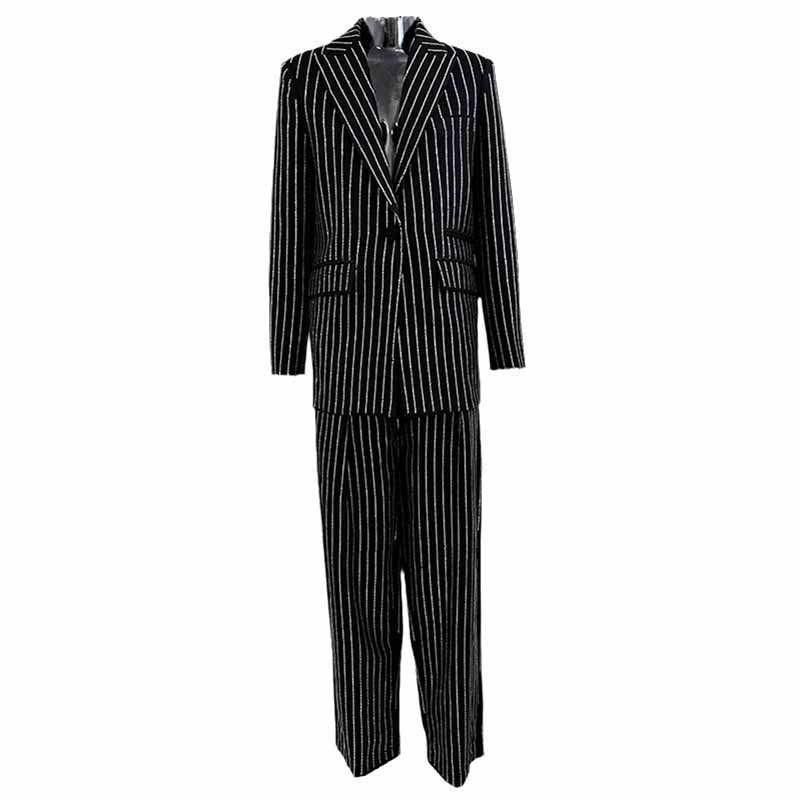 Women's Striped Blazer Set Single Button Diamond Suit Pants Set