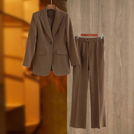 One Button Coffee Pantsuit Fitted Blazer + Mid-High Rise Trousers Pantsuit Suit Formal Wear
