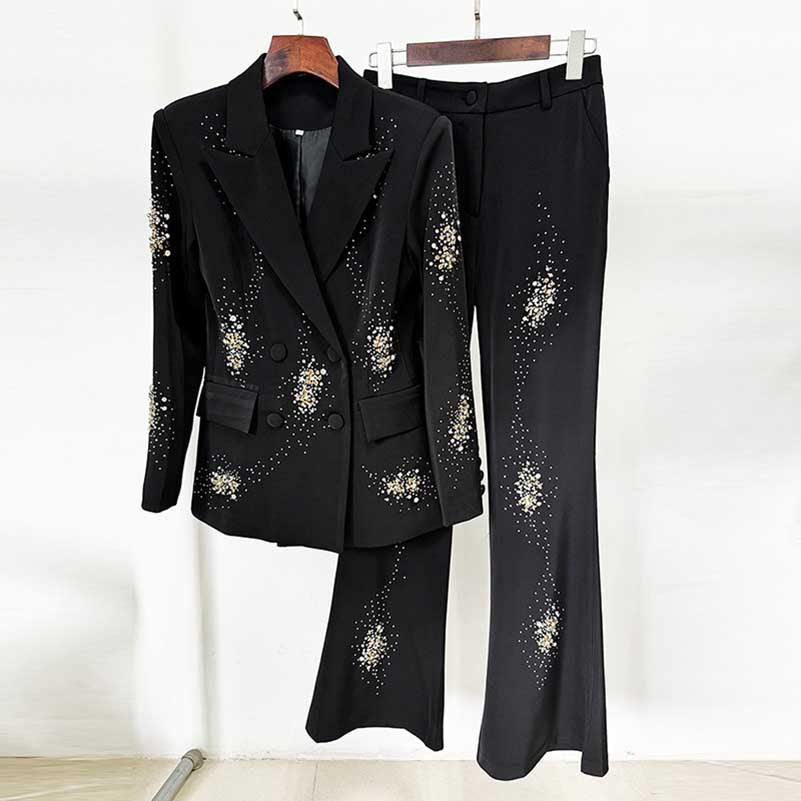 Women's Crystal Embellished Flared Pantsuit Black 2ps Formal Suit