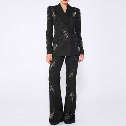 Women's Crystal Embellished Flared Pantsuit Black 2ps Formal Suit