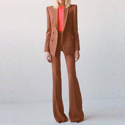 Women Brown Beige Pantsuit Double Breasts Fitted Blazer + Mid-High Rise Flare Trousers Pants Suit