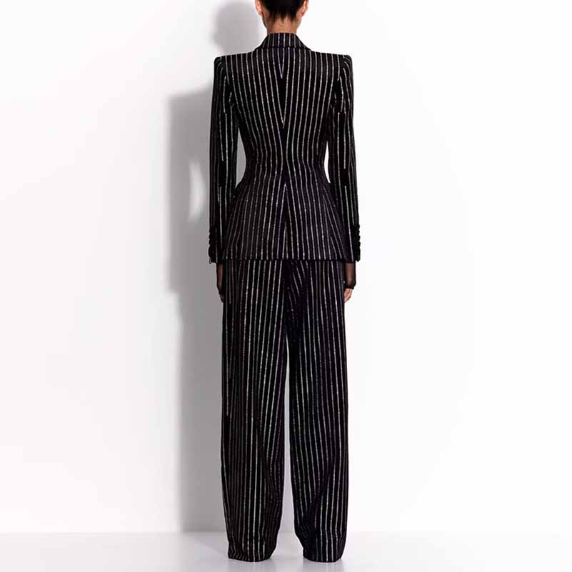 Women's Striped Blazer Set Single Button Diamond Suit Pants Set