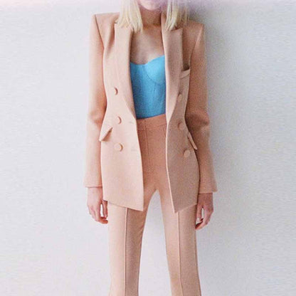 Women Brown Beige Pantsuit Double Breasts Fitted Blazer + Mid-High Rise Flare Trousers Pants Suit