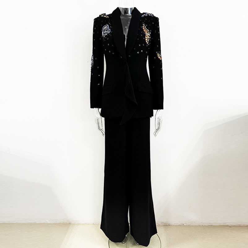 Women's Bow Sequin-Embellished Flared Pantsuit Black 2ps One Button Suit