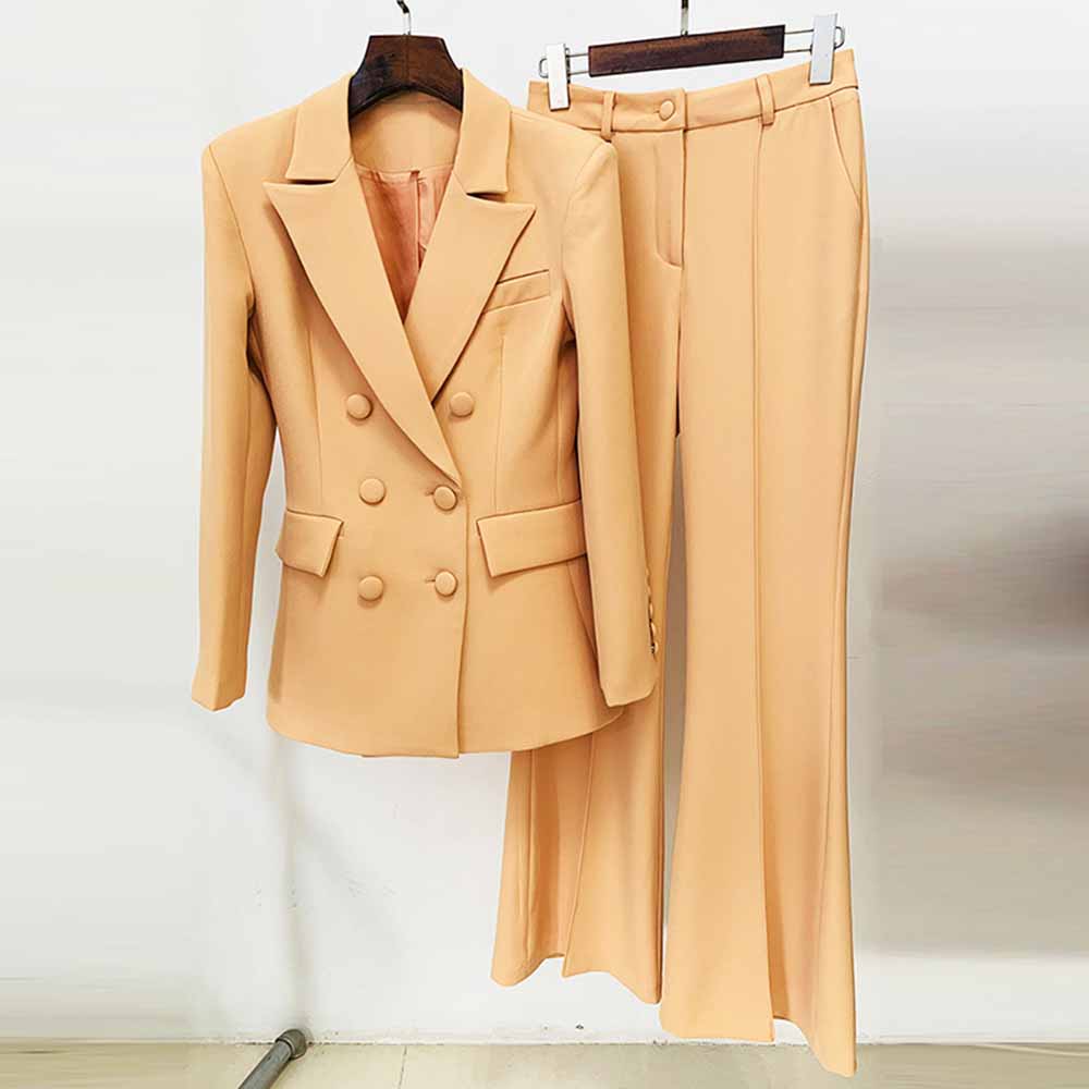 Women Brown Beige Pantsuit Double Breasts Fitted Blazer + Mid-High Rise Flare Trousers Pants Suit