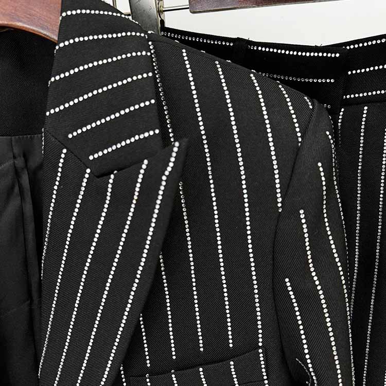 Women's Striped Blazer Set Single Button Diamond Suit Pants Set