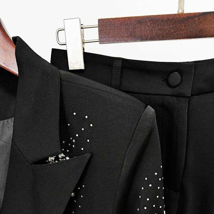 Women's Crystal Embellished Flared Pantsuit Black 2ps Formal Suit