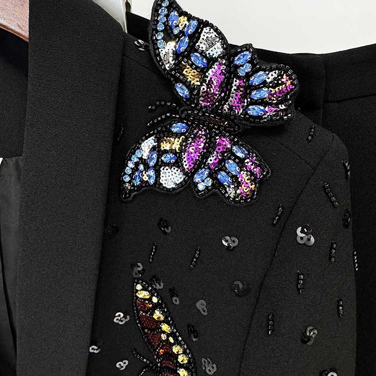 Women's Bow Sequin-Embellished Flared Pantsuit Black 2ps One Button Suit