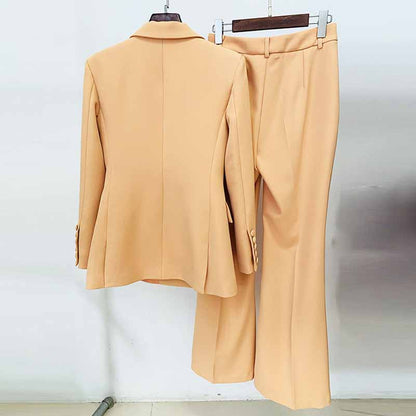 Women Brown Beige Pantsuit Double Breasts Fitted Blazer + Mid-High Rise Flare Trousers Pants Suit