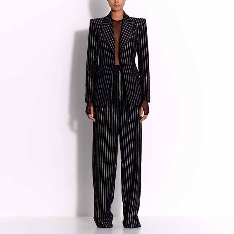 Women's Striped Blazer Set Single Button Diamond Suit Pants Set