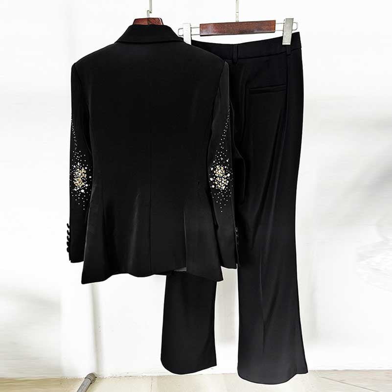 Women's Crystal Embellished Flared Pantsuit Black 2ps Formal Suit