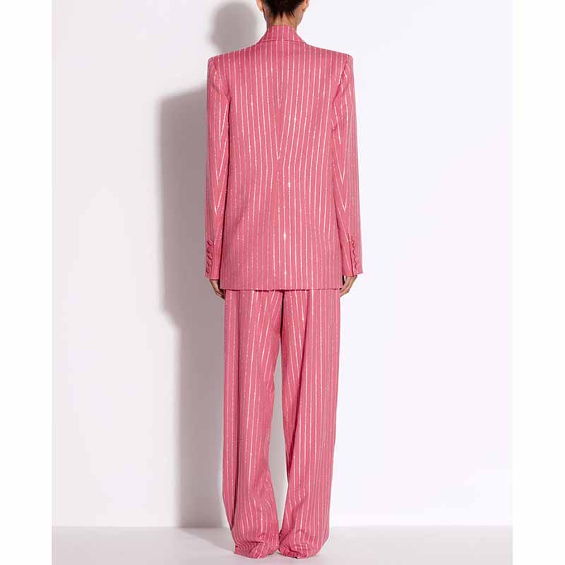 Women's Striped Blazer Set Single Button Diamond Suit Pants Set