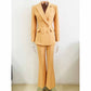 Women Brown Beige Pantsuit Double Breasts Fitted Blazer + Mid-High Rise Flare Trousers Pants Suit