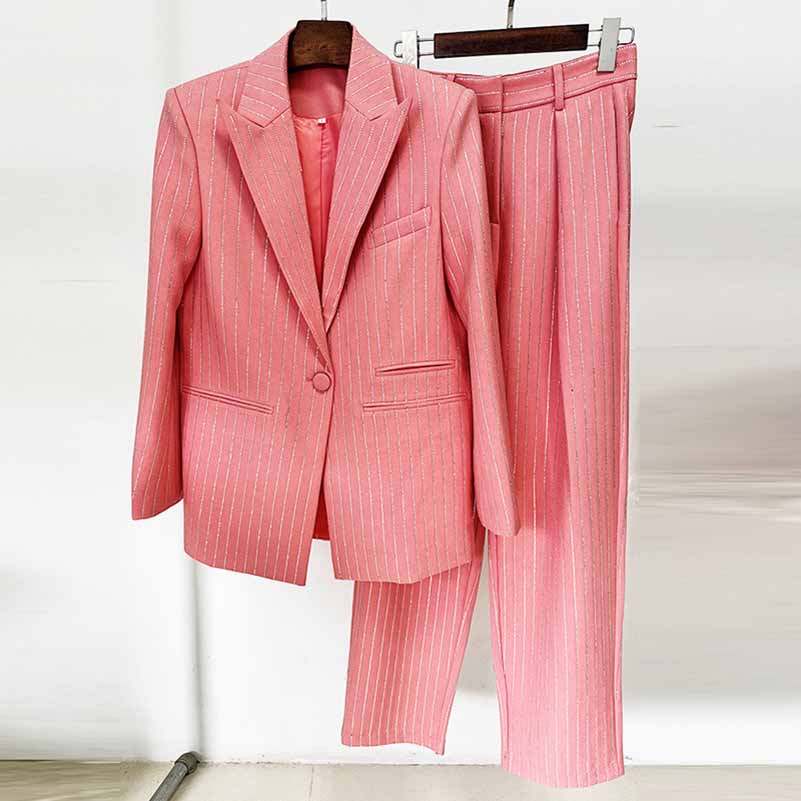 Women's Striped Blazer Set Single Button Diamond Suit Pants Set