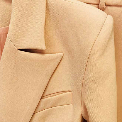 Women Brown Beige Pantsuit Double Breasts Fitted Blazer + Mid-High Rise Flare Trousers Pants Suit