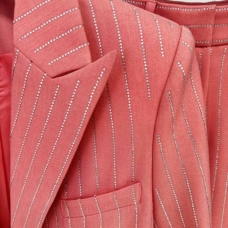 Women's Striped Blazer Set Single Button Diamond Suit Pants Set