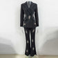 Women's Crystal Embellished Flared Pantsuit Black 2ps Formal Suit