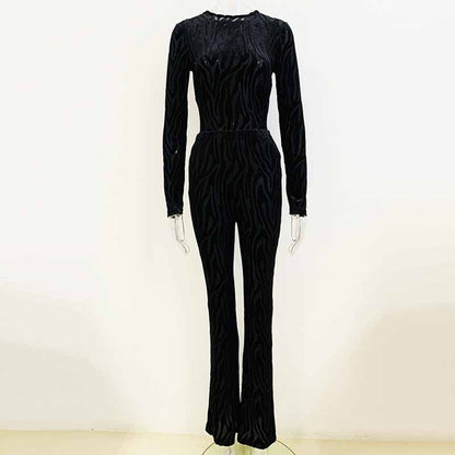 Zebra Velvet Black Bodysuit with flared trousers in black